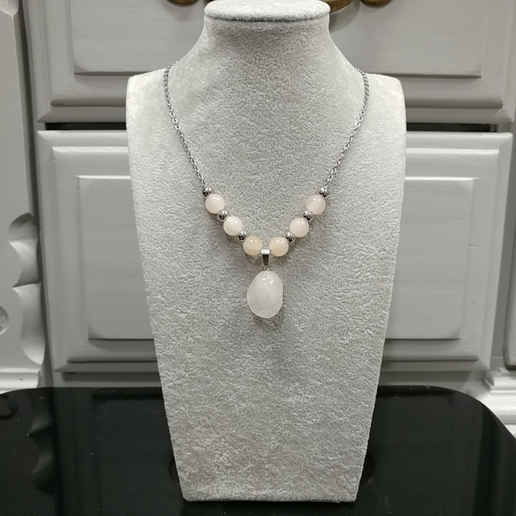 Peach Aventurine Rose Quartz Necklace Natural Gemstone Pendant Stainless-Steel - Picture 3 of 15